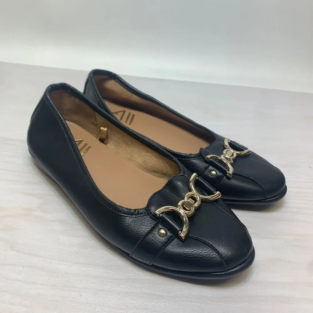 Womens Size 7.5 Aerosoles Big Bet Ballet Flats Black Gold Horsebit Slip On Shoes